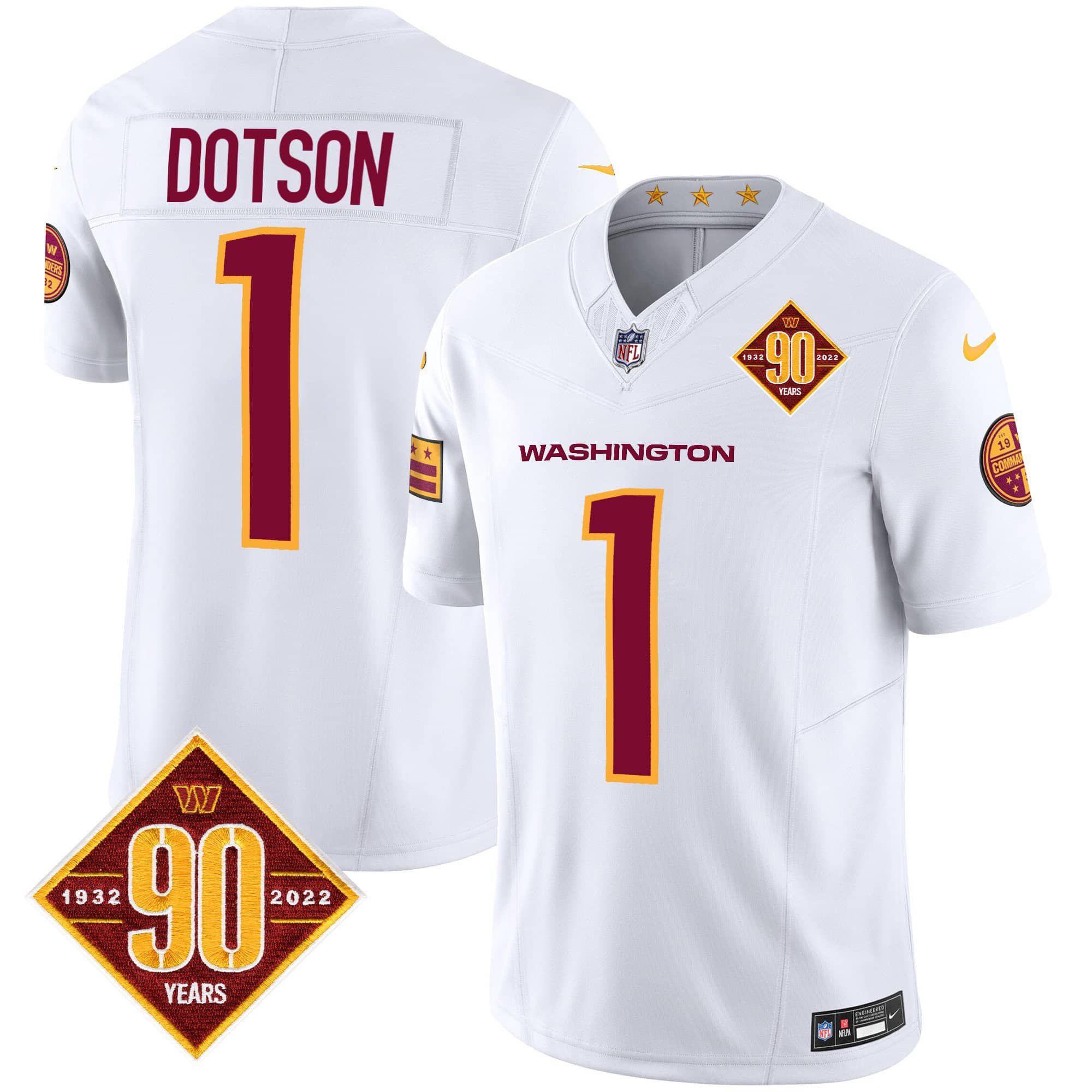 Men Washington Commanders 1 Dotson White 90th Anniversary Patch 2024 Nike Vapor Limited NFL Jersey